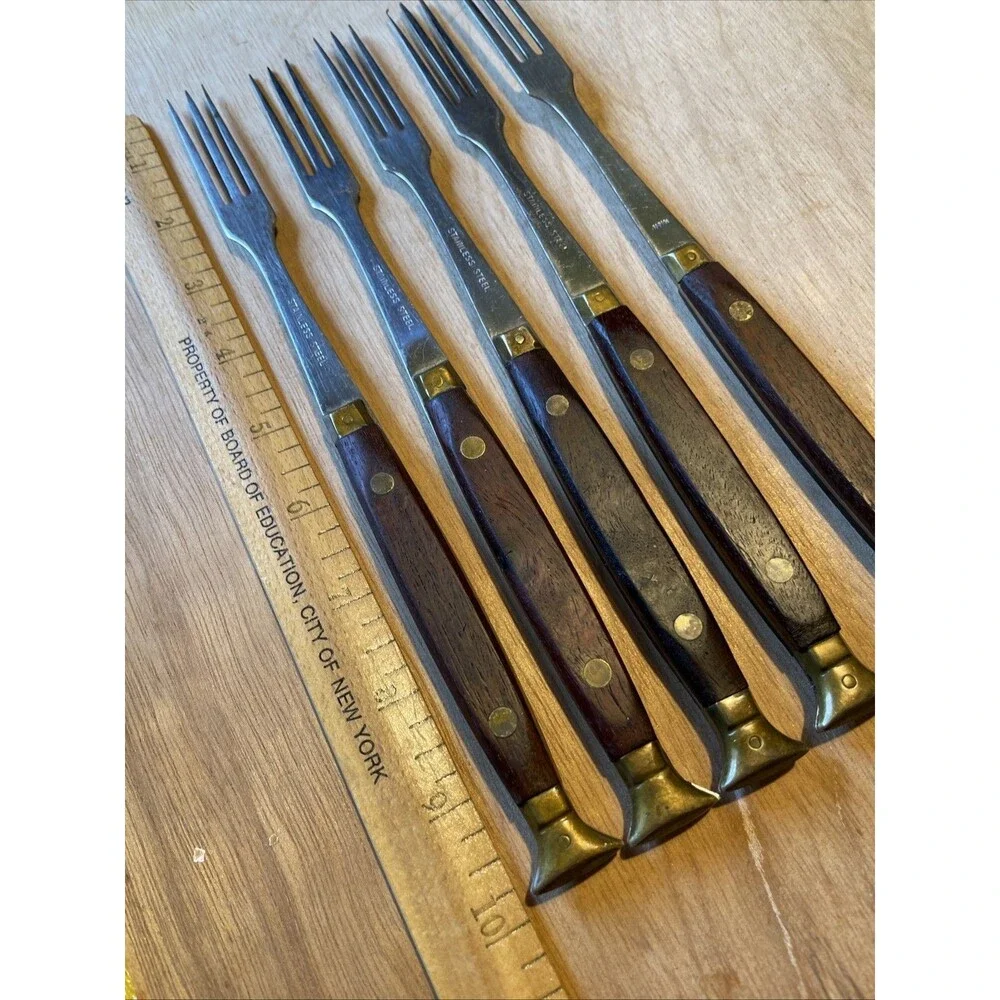 Mid Century Fondue Forks Teak Stainless Steel 3 Prong Brass Accent 5 pcs Japan